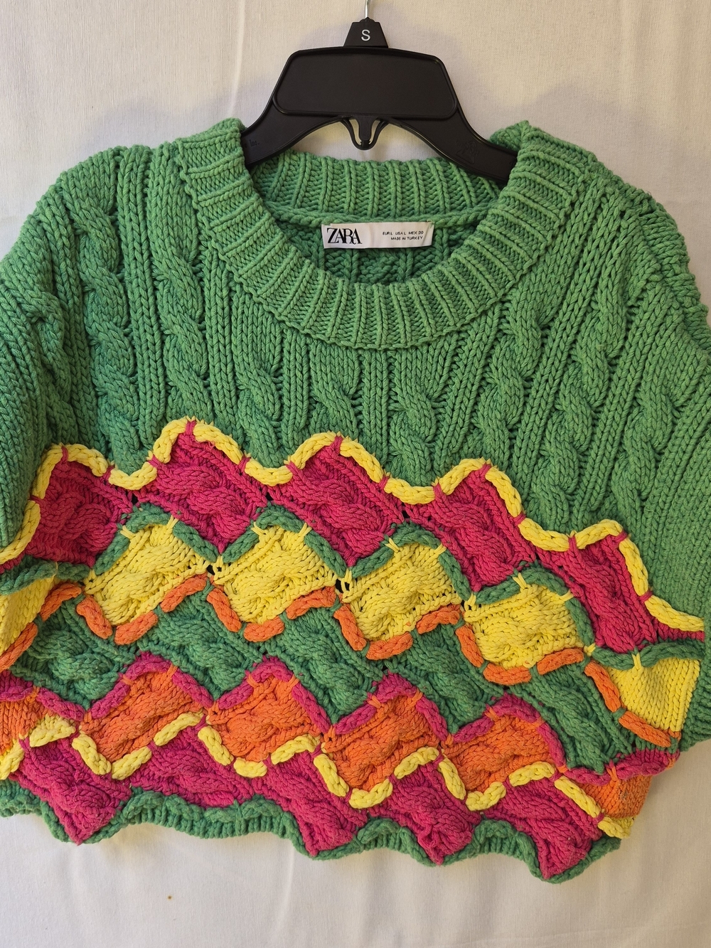 Zara Green Cable-Knit Sweater with Pink, Yellow, Orange Crochet Waves L